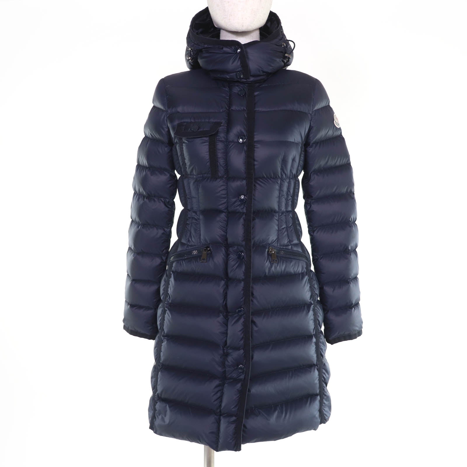 Great MONCLER down coat HERMINE Logo patch and hood Navy Nylon