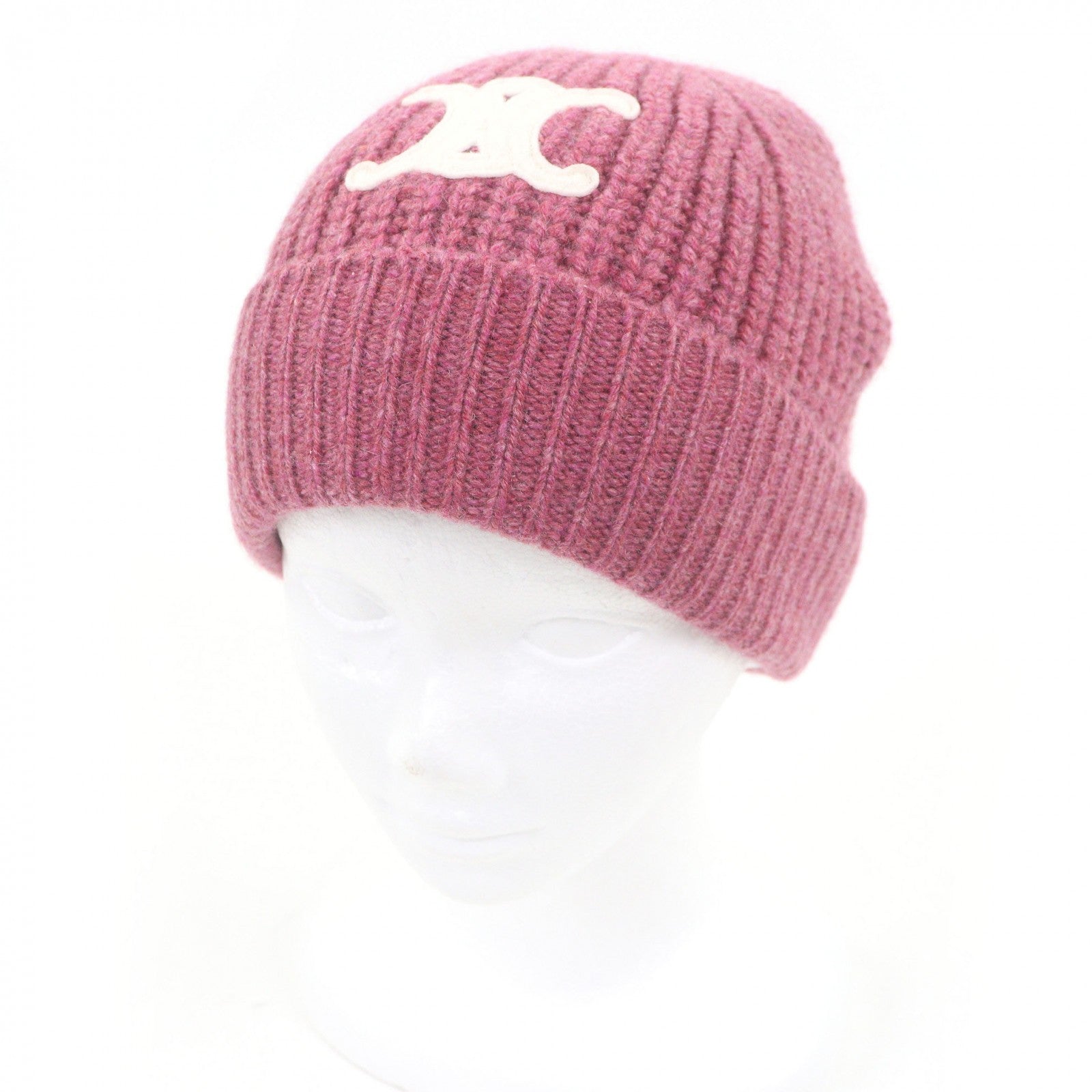 Pristine CELINE Knit cap Triomphe Beanie pink cashmere Women