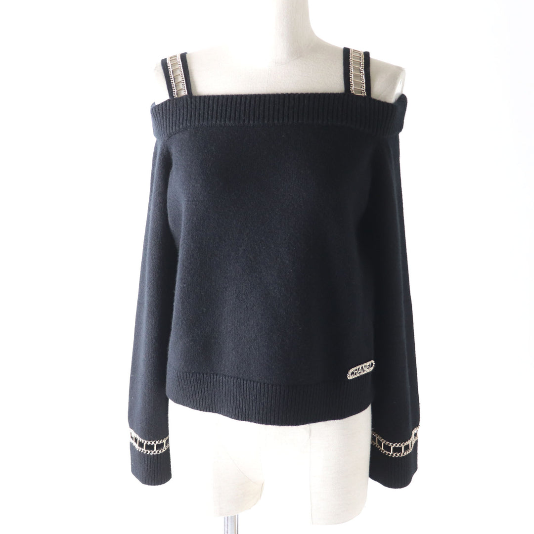 CHANEL ニット ロゴ入り オフショルダー 長袖 ブラック カシミア レディース 36 P62881