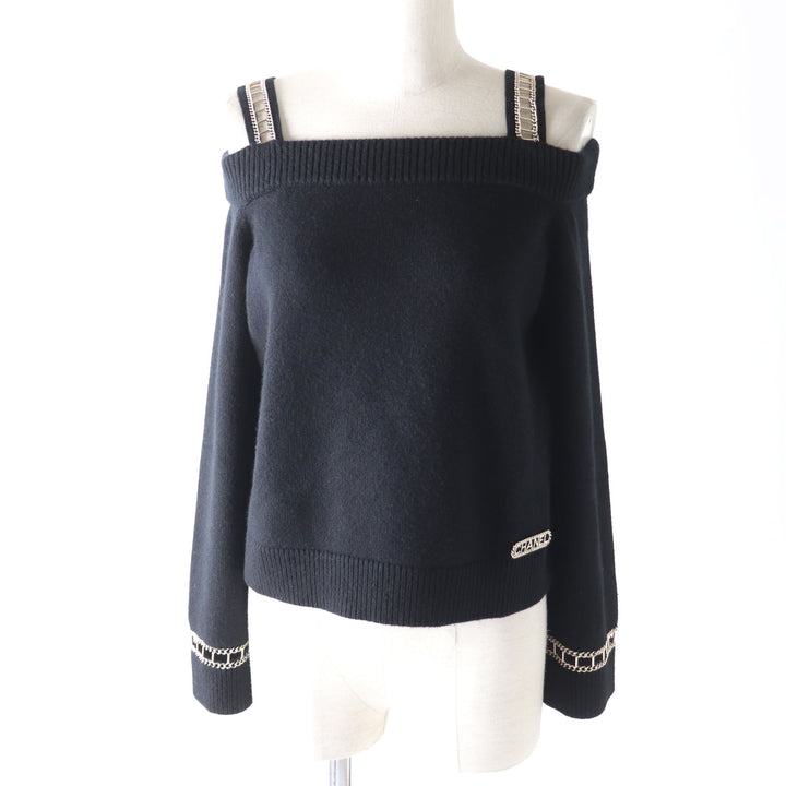 CHANEL ニット ロゴ入り オフショルダー 長袖 ブラック カシミア レディース 36 P62881