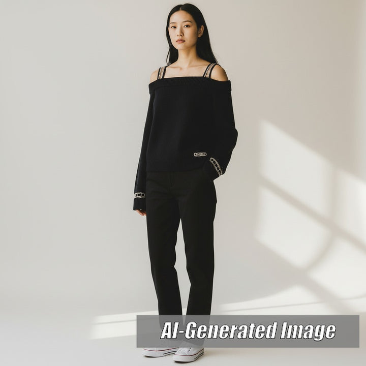 CHANEL ニット ロゴ入り オフショルダー 長袖 ブラック カシミア レディース 36 P62881