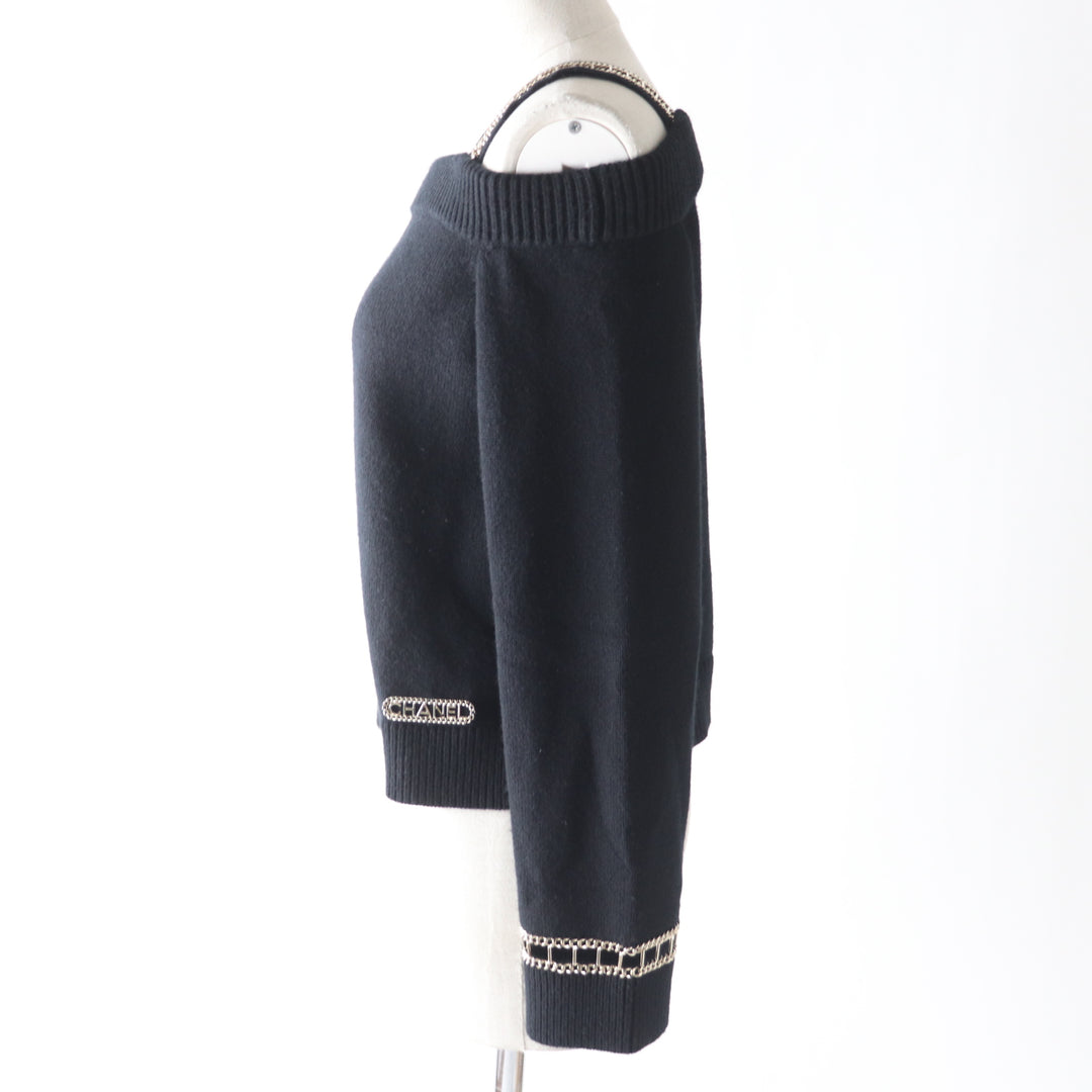 CHANEL ニット ロゴ入り オフショルダー 長袖 ブラック カシミア レディース 36 P62881