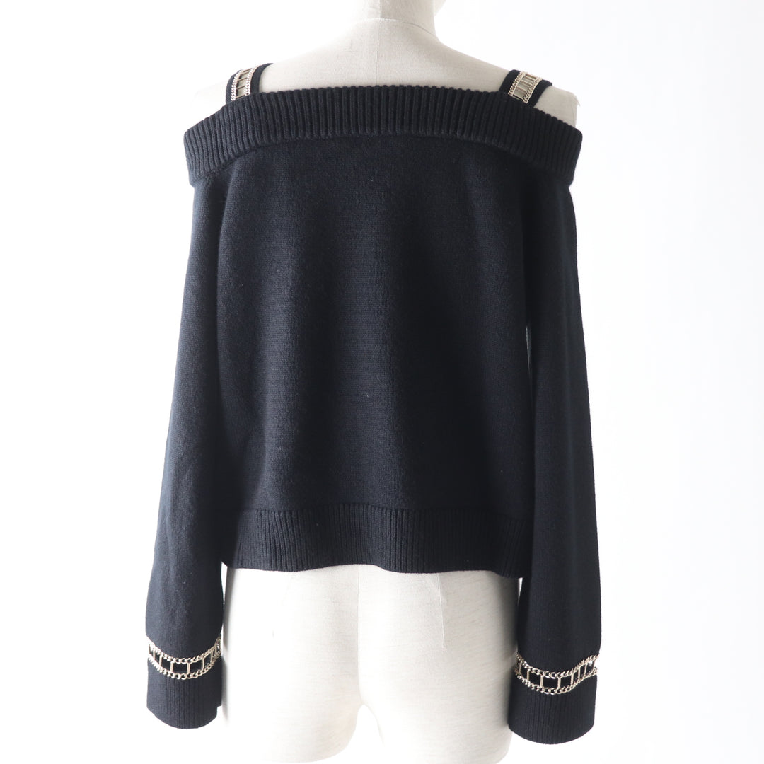 CHANEL ニット ロゴ入り オフショルダー 長袖 ブラック カシミア レディース 36 P62881