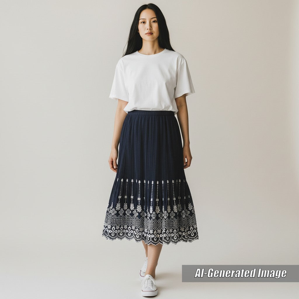 Discounted Excellent PLEATS PLEASE Long skirt Pleated finish, cutwork lace hem, embroidery