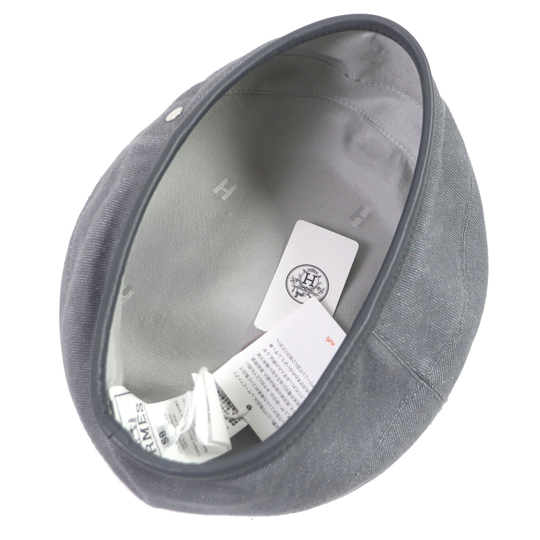 Discounted Pristine HERMES beret Saint Honor silk lining, H logo, leather piping gray