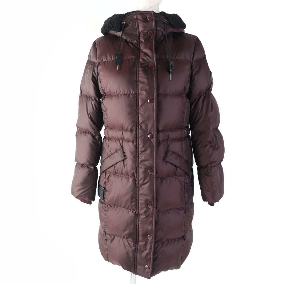 Discounted Pristine COACH down coat Leather logo patch and hood Bordeaux polyester Women XS F20500