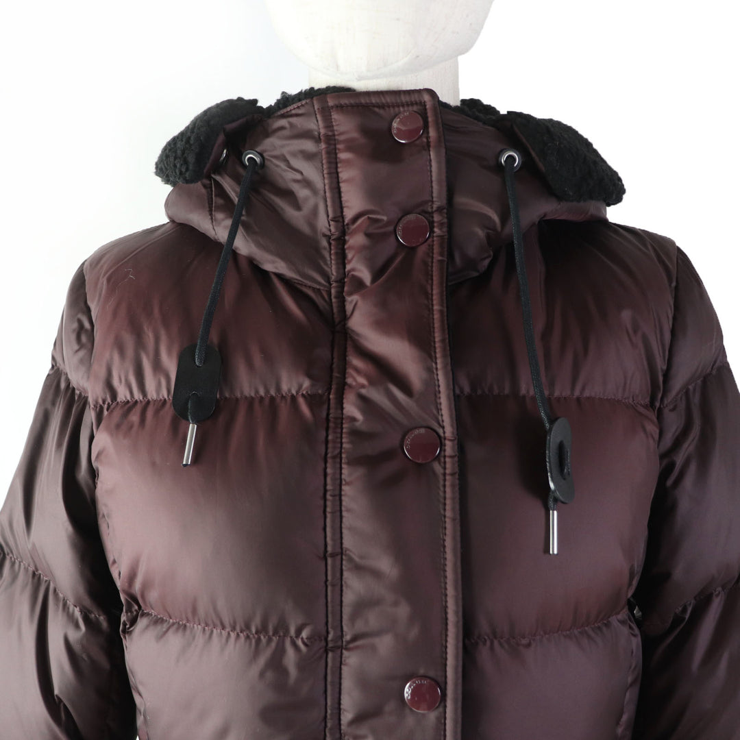 Discounted Pristine COACH down coat Leather logo patch and hood Bordeaux polyester Women XS F20500