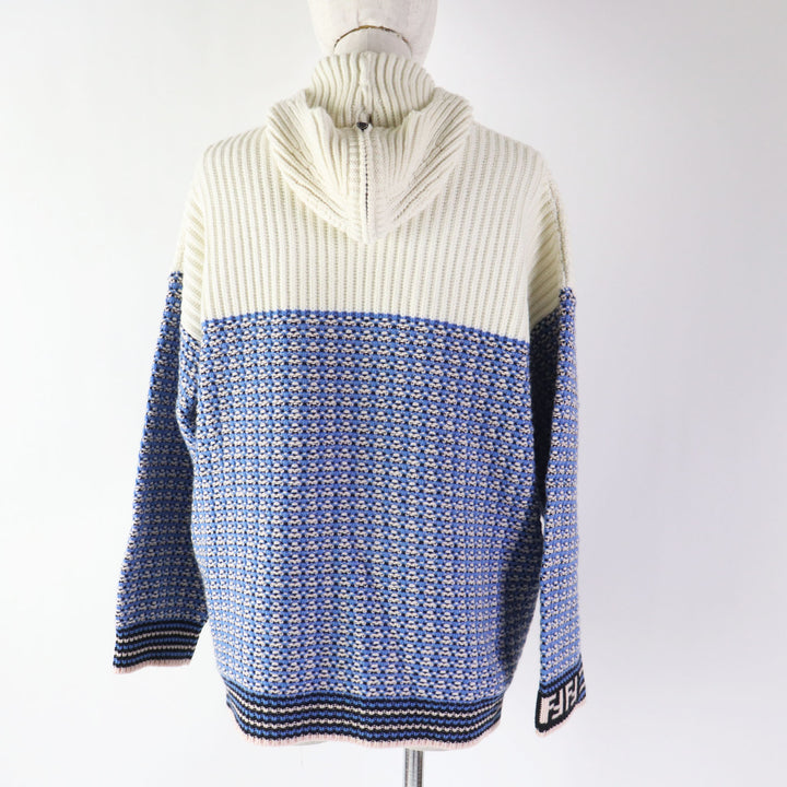 Discounted Excellent FENDI Parker FF logo/Zucca Pattern knit Blue white wool Women 38