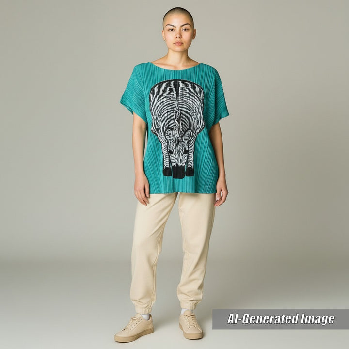 Discounted Excellent PLEATS PLEASE T-shirt Zebra Design Pleated Crew Neck 3 PP01-JK771