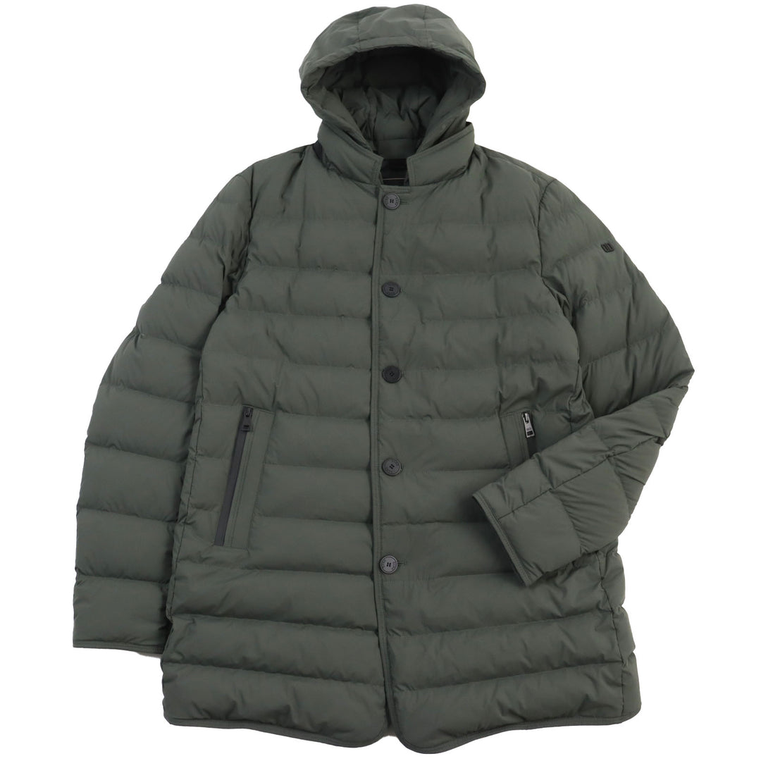 Discounted Excellent DUNO down coat Layered logo patch hoodie khaki mens 50