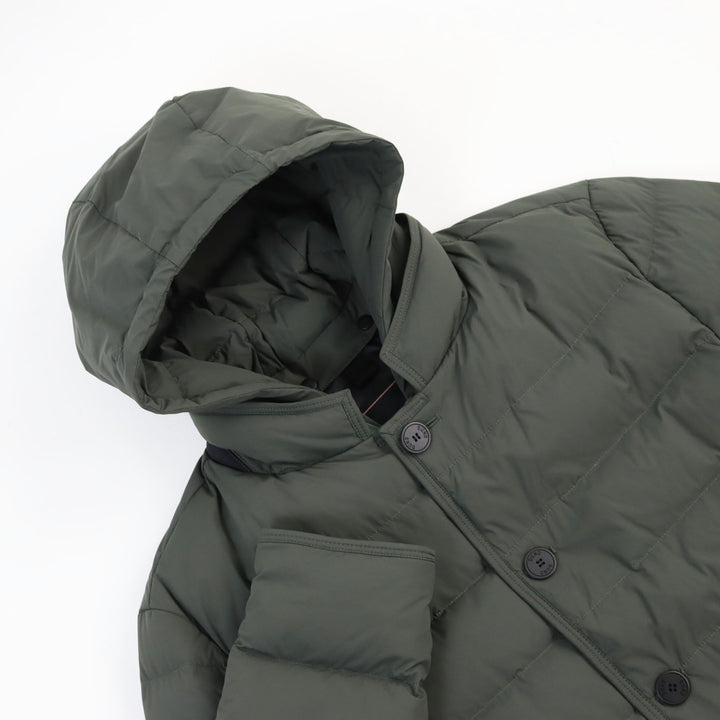 Discounted Excellent DUNO down coat Layered logo patch hoodie khaki mens 50