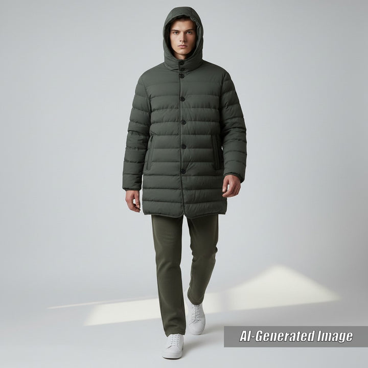 Discounted Excellent DUNO down coat Layered logo patch hoodie khaki mens 50