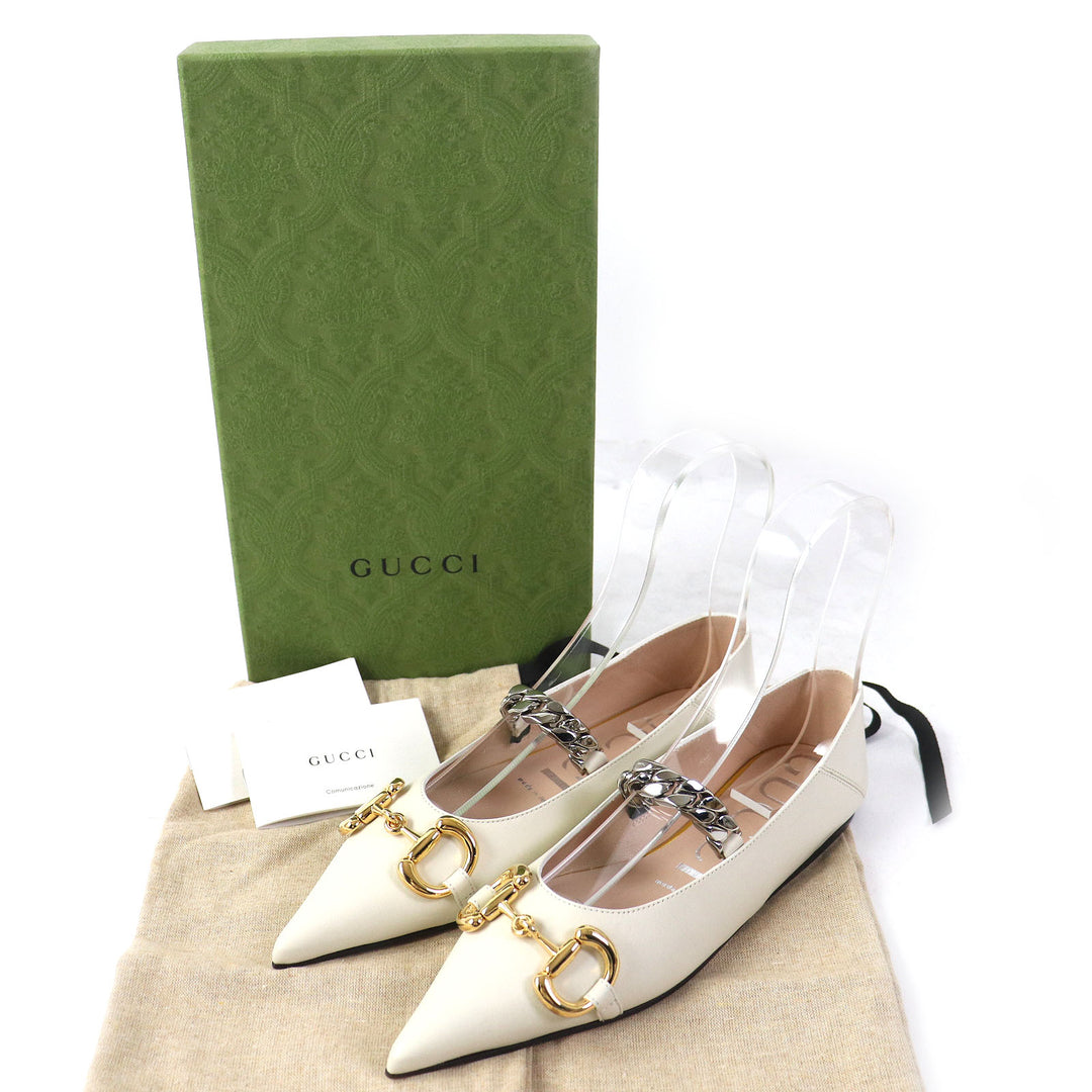 Discounted Pristine GUCCI pumps Horsebit Chain pointed toe flats Ivory leather Women 35.5