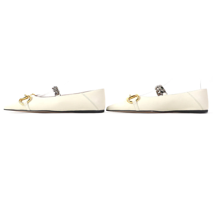 Discounted Pristine GUCCI pumps Horsebit Chain pointed toe flats Ivory leather Women 35.5