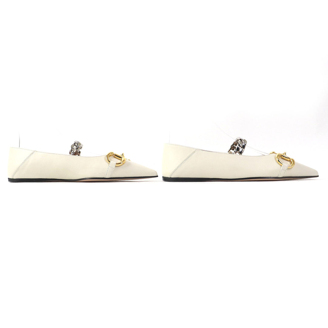 Discounted Pristine GUCCI pumps Horsebit Chain pointed toe flats Ivory leather Women 35.5