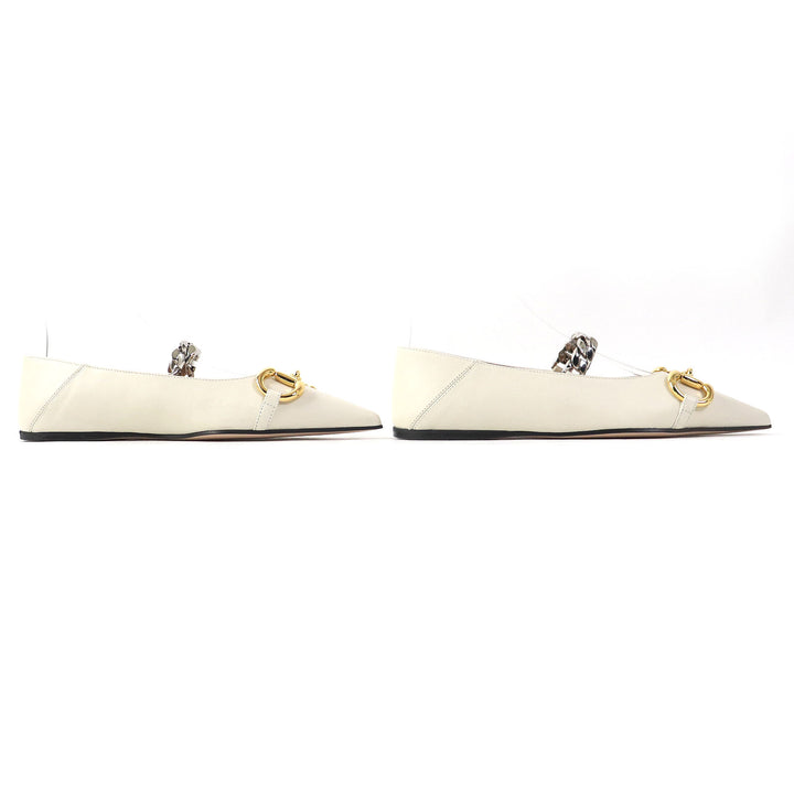 Discounted Pristine GUCCI pumps Horsebit Chain pointed toe flats Ivory leather Women 35.5