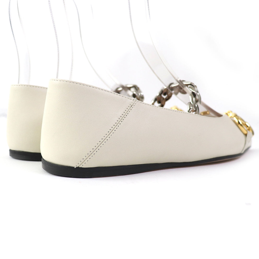 Discounted Pristine GUCCI pumps Horsebit Chain pointed toe flats Ivory leather Women 35.5