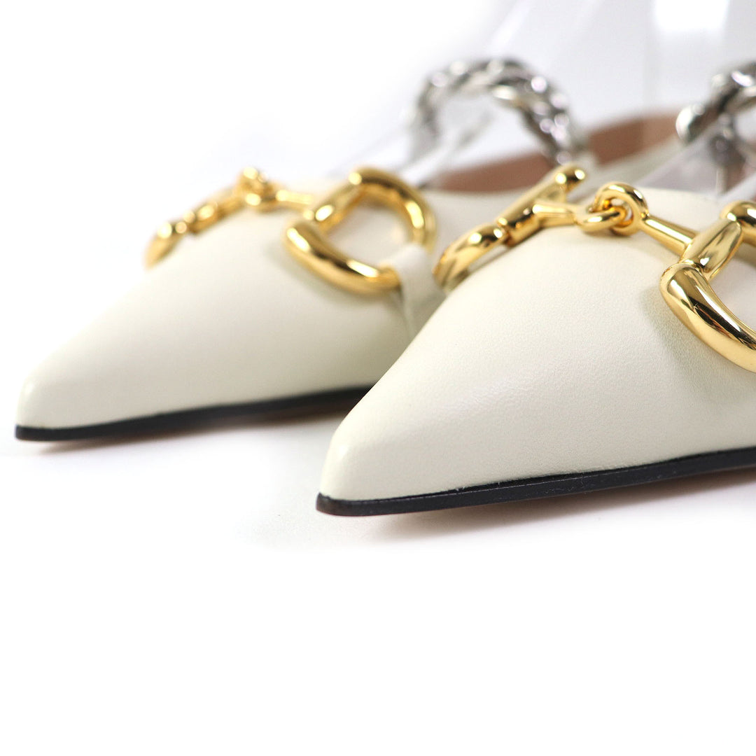 Discounted Pristine GUCCI pumps Horsebit Chain pointed toe flats Ivory leather Women 35.5