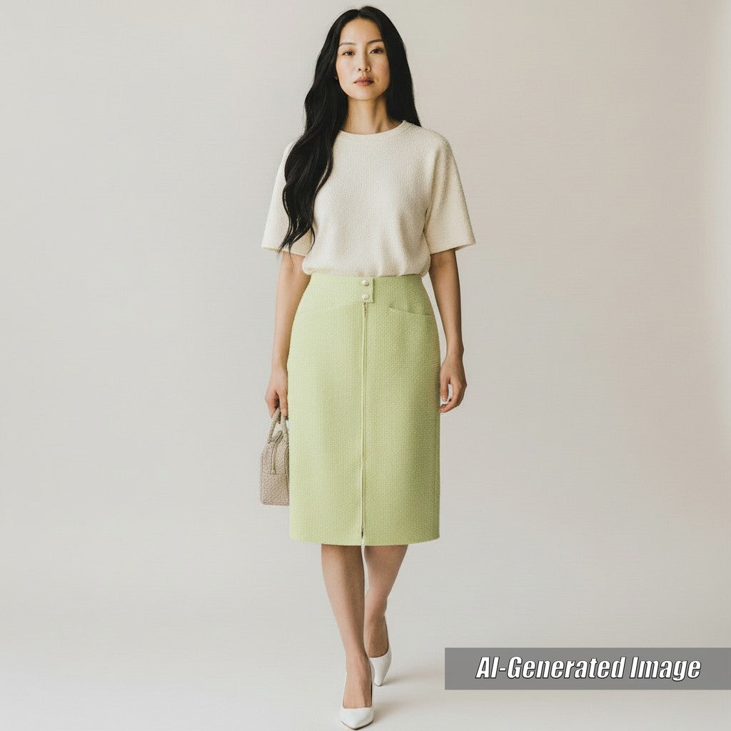 Discounted Excellent CHANEL Skirt COCO Mark Gold Button Front Zip Tweed Pearl green Women