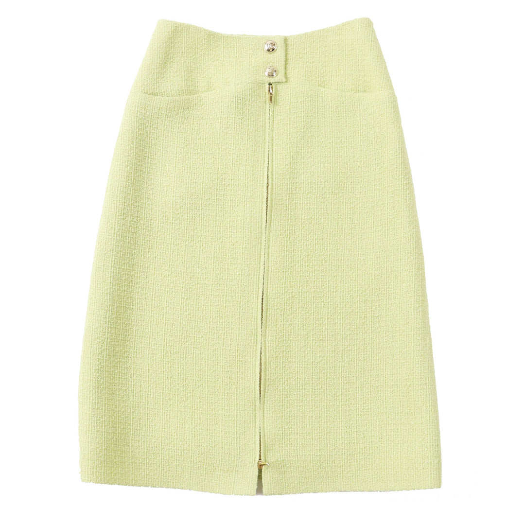 Discounted Excellent CHANEL Skirt COCO Mark Gold Button Front Zip Tweed Pearl green Women
