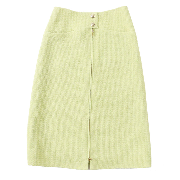 Discounted Excellent CHANEL Skirt COCO Mark Gold Button Front Zip Tweed Pearl green Women