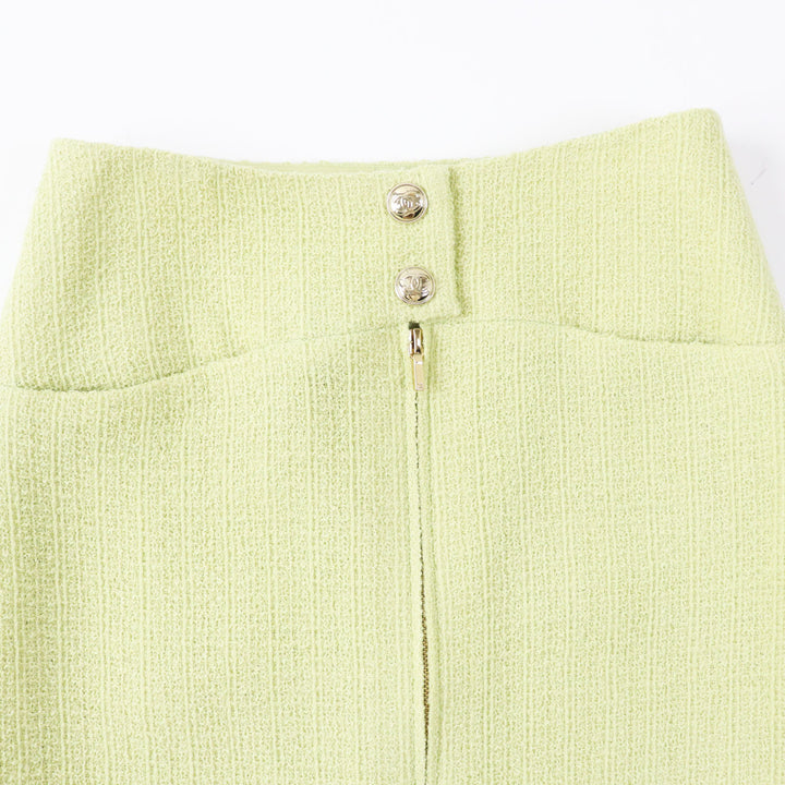 Discounted Excellent CHANEL Skirt COCO Mark Gold Button Front Zip Tweed Pearl green Women