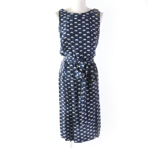 Great CHANEL one piece Rare ◎ Coco Metal Mammoth Sleeveless Navy Ivory Women 34