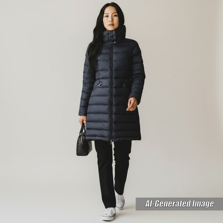 Discounted Great MONCLER down coat FLAMMETTE Hood with logo patch ZIP UP Navy Nylon Women
