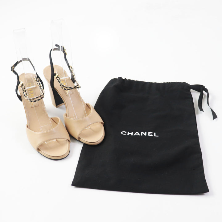 Discounted Pristine CHANEL Sandals Chain strap with COCO Mark Beige black leather Women 36