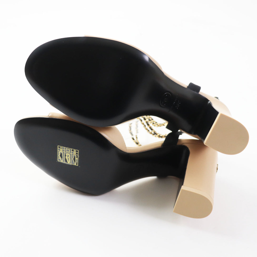 Discounted Pristine CHANEL Sandals Chain strap with COCO Mark Beige black leather Women 36