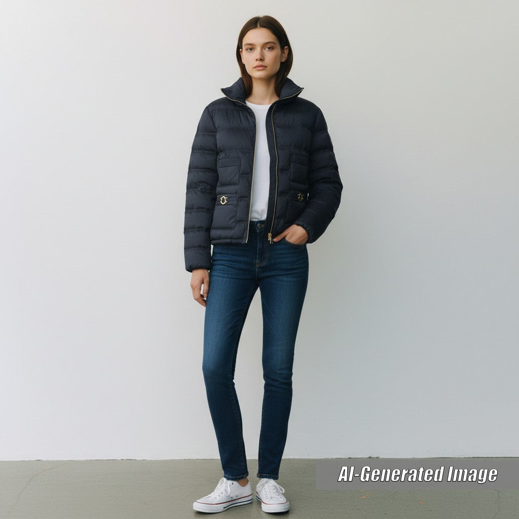 Discounted Excellent MONCLER Down jacket FER Logogram Navy Nylon Women