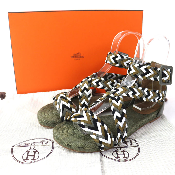 Discounted Great HERMES Sandals Mesh Design Ankle With Strap Flat Khaki Women 36