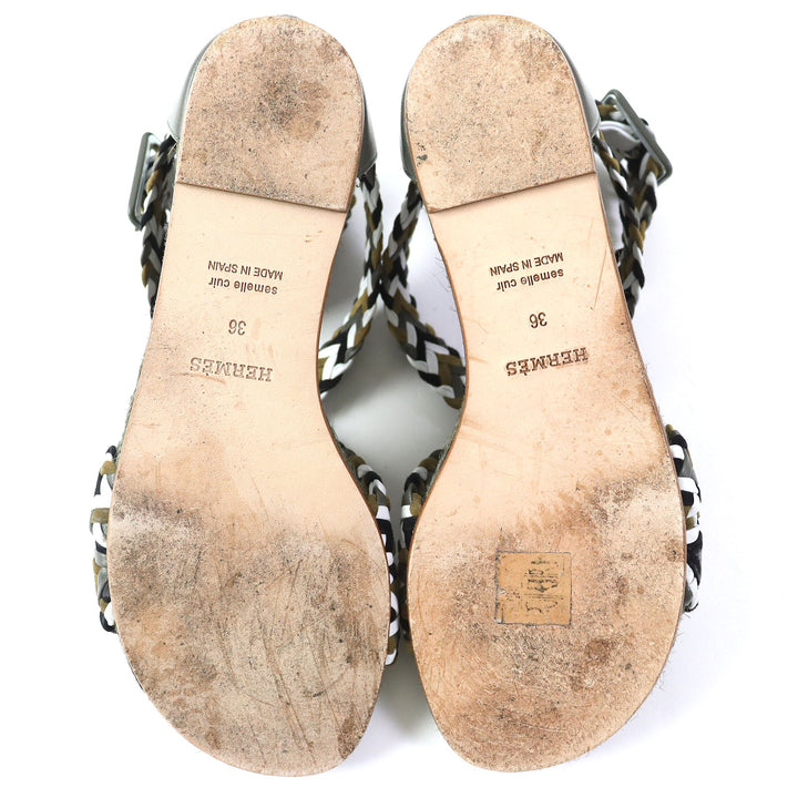 Discounted Great HERMES Sandals Mesh Design Ankle With Strap Flat Khaki Women 36