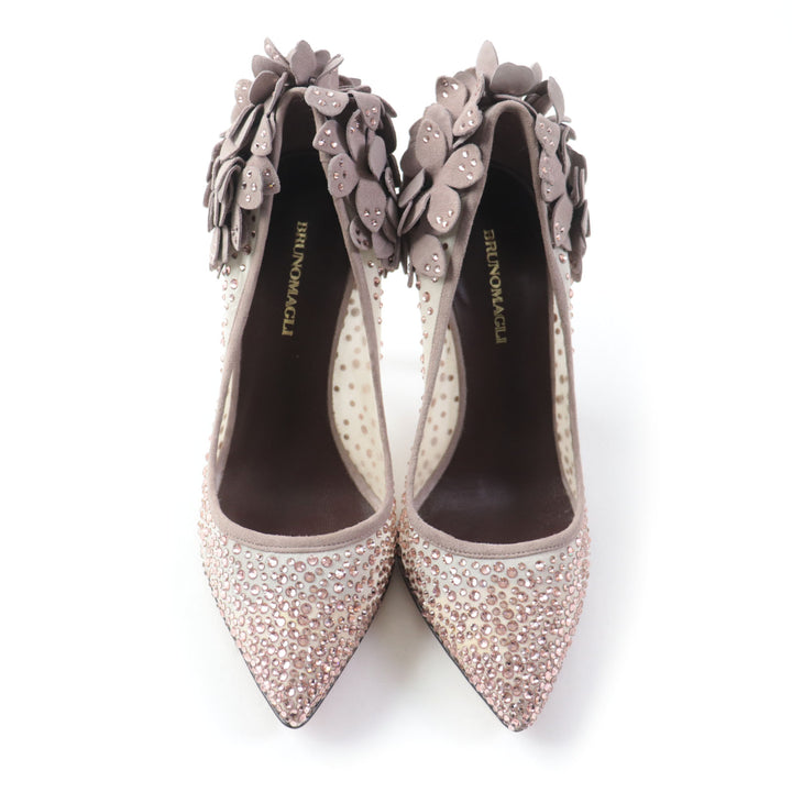 Discounted 
 Excellent Bruno Magli pumps GELMER Leather flower and rhinestone pointed toe pink beige Women 35
