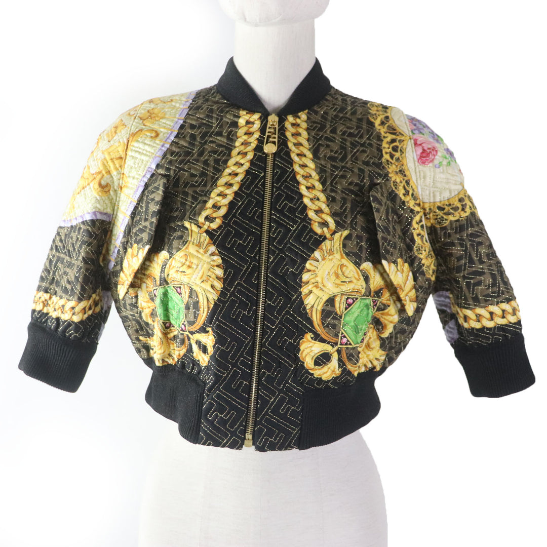 Discounted Pristine FENDACE Blouson FF logo Baroque Pattern Black Multi silk Women 36 FJ7258