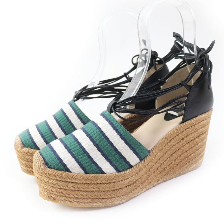 Discounted Excellent Chloe Sandals Fabric Leather Ankle Strap Espadrilles Wedge 38 CH20352