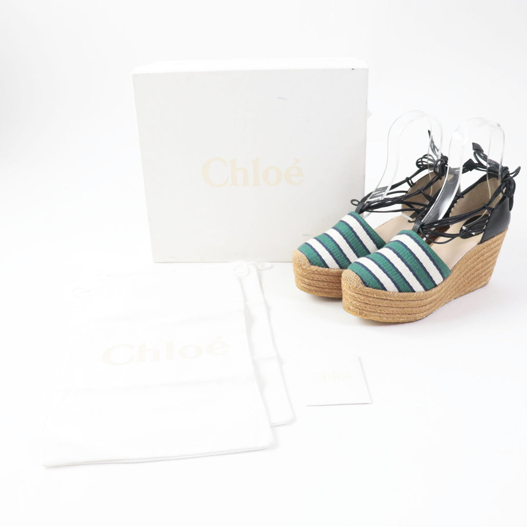 Discounted Excellent Chloe Sandals Fabric Leather Ankle Strap Espadrilles Wedge 38 CH20352