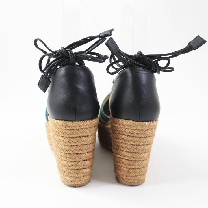 Discounted Excellent Chloe Sandals Fabric Leather Ankle Strap Espadrilles Wedge 38 CH20352