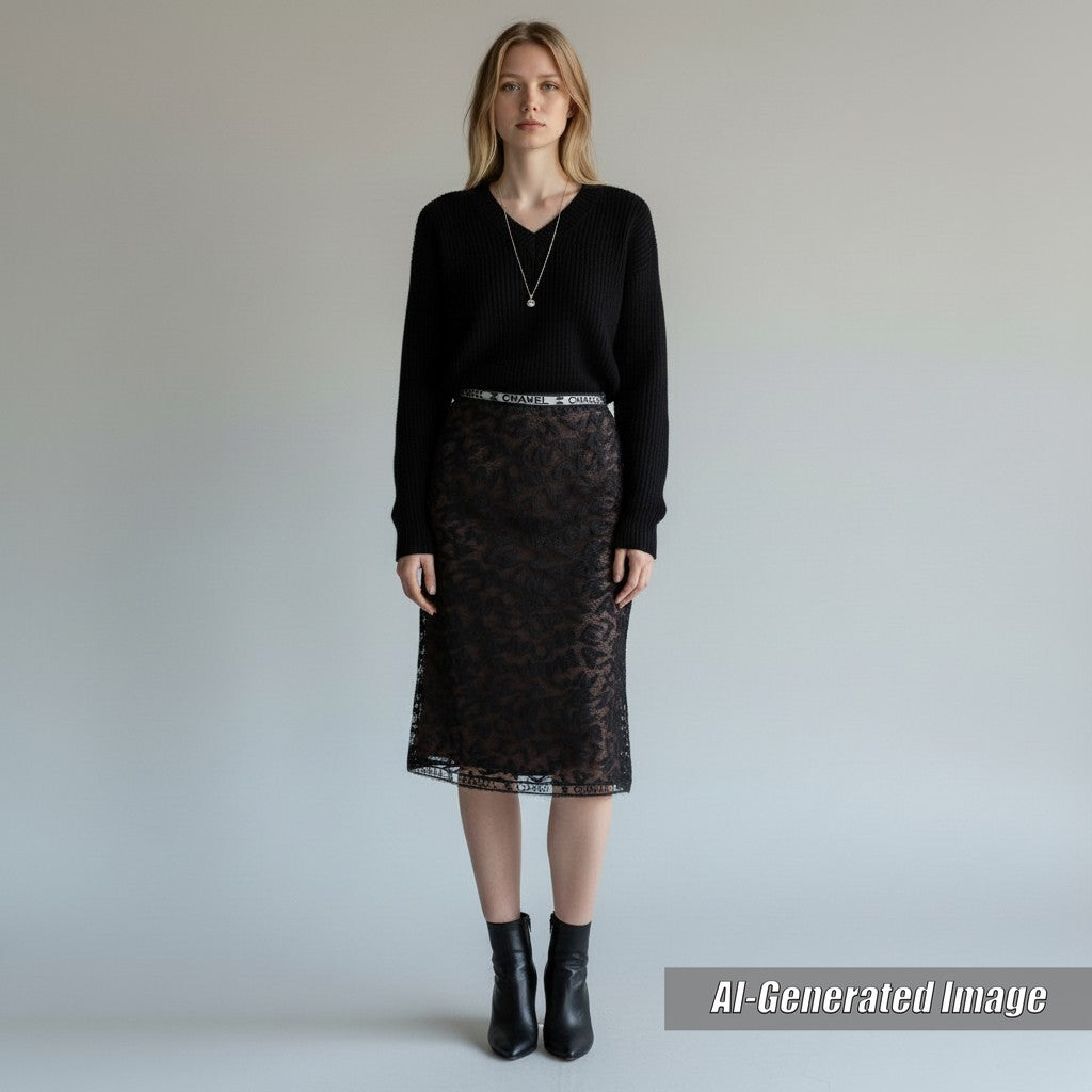 Discounted Excellent CHANEL Tight Skirt All logo lace knee length black 38 98A P11845