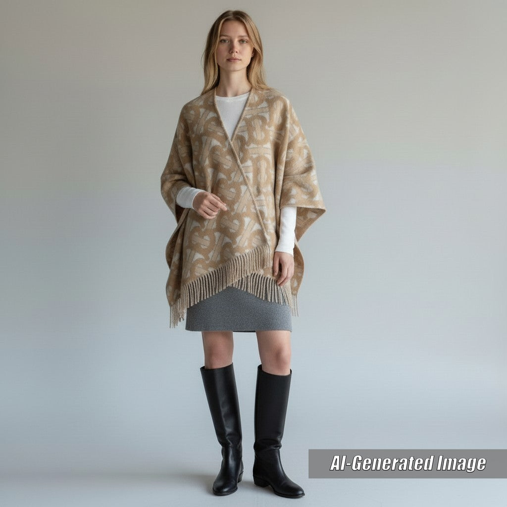 Discounted Great BURBERRY poncho TB Monogram Large beige wool Women 8022741
