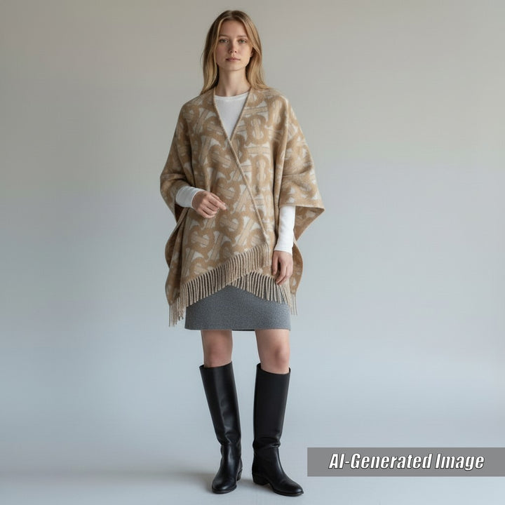 Discounted Great BURBERRY poncho TB Monogram Large beige wool Women 8022741