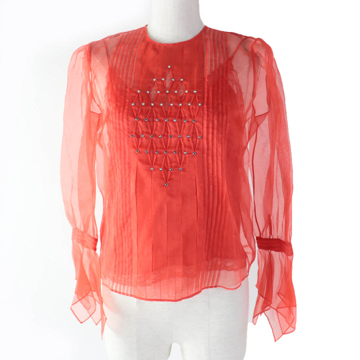 Discounted 
 Pristine GUCCI tops See-through long sleeve blouse with rhinestones Red silk Women 36 633322