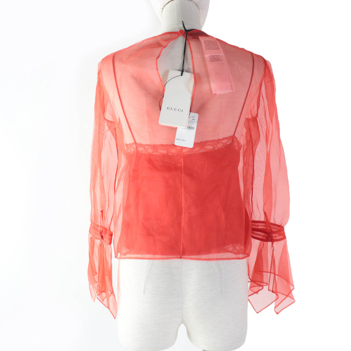 Discounted 
 Pristine GUCCI tops See-through long sleeve blouse with rhinestones Red silk Women 36 633322