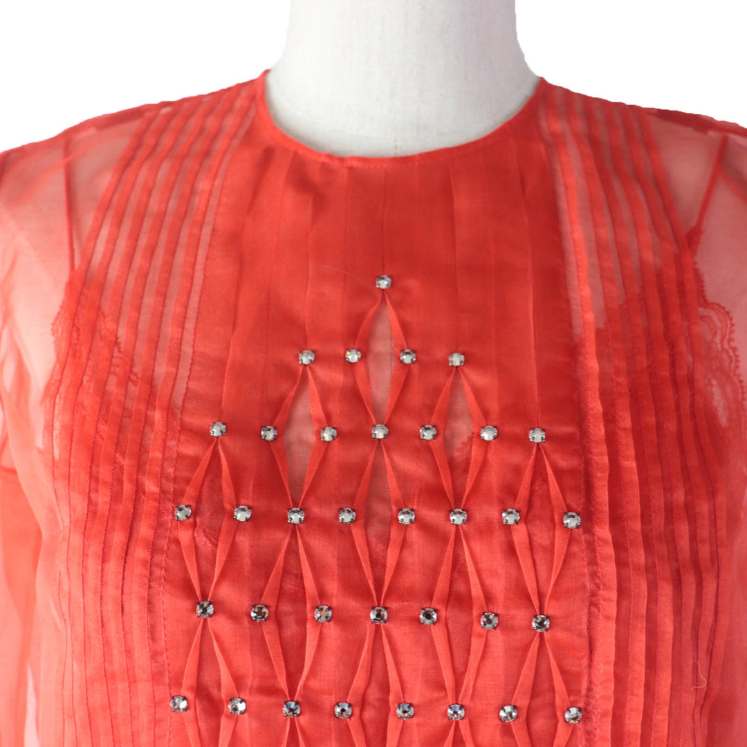 Discounted 
 Pristine GUCCI tops See-through long sleeve blouse with rhinestones Red silk Women 36 633322