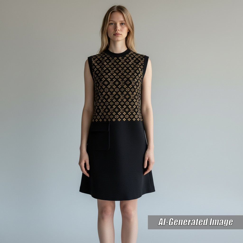 Excellent LOUIS VUITTON one piece Monogram jacquard knit dress silk Women XS