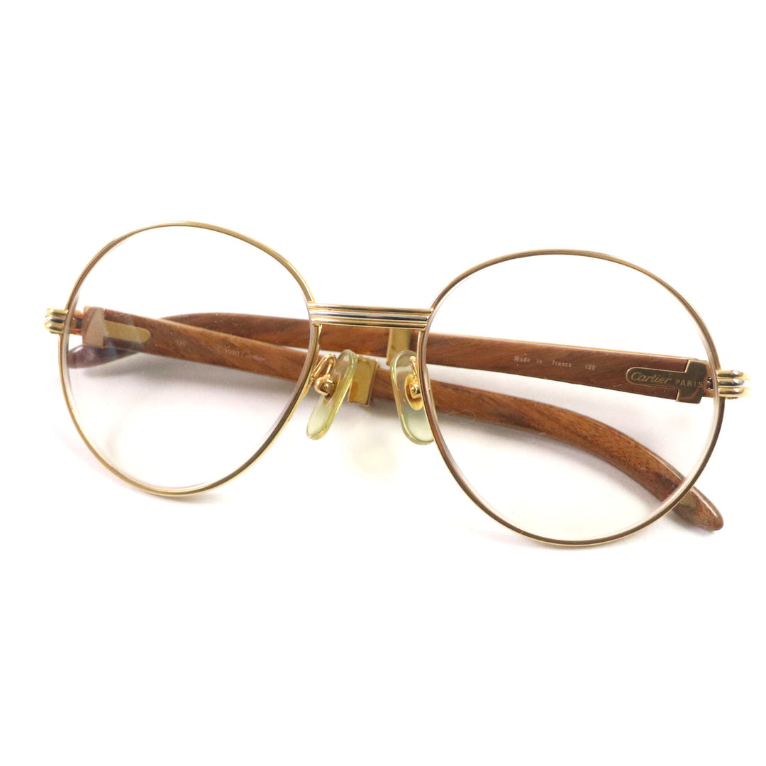 Cartier Glasses Logo Metal Wood Temple Gold brown mens
