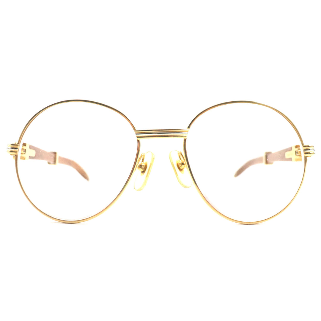 Cartier Glasses Logo Metal Wood Temple Gold brown mens