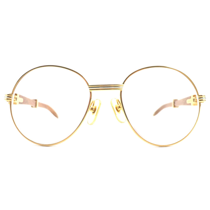 Cartier Glasses Logo Metal Wood Temple Gold brown mens