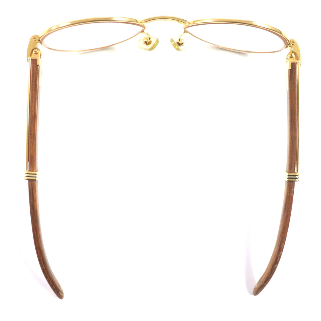 Cartier Glasses Logo Metal Wood Temple Gold brown mens
