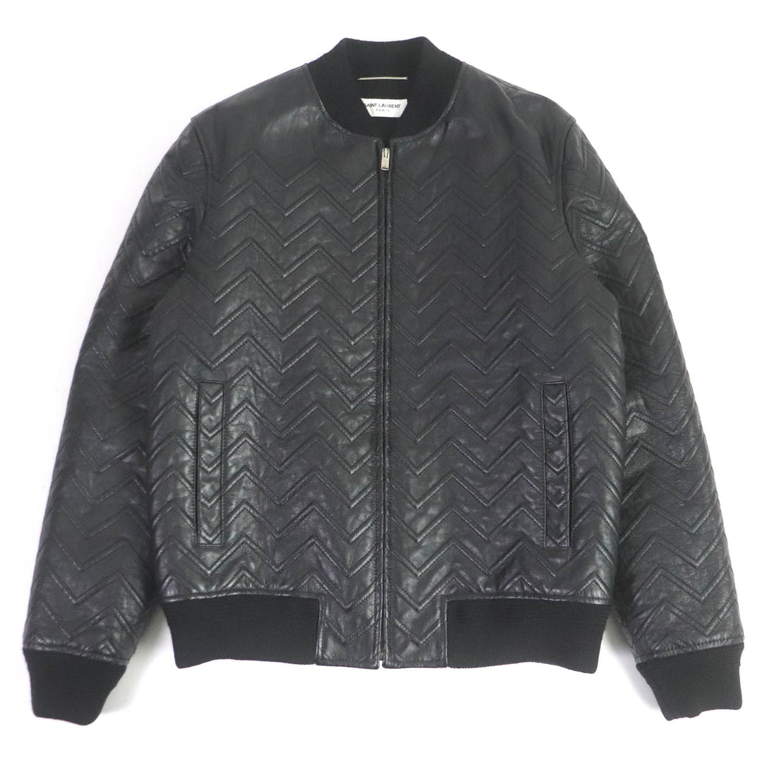 Discounted Excellent SAINT LAURENT PARIS leather jacket chevron stripe black mens 46 661008